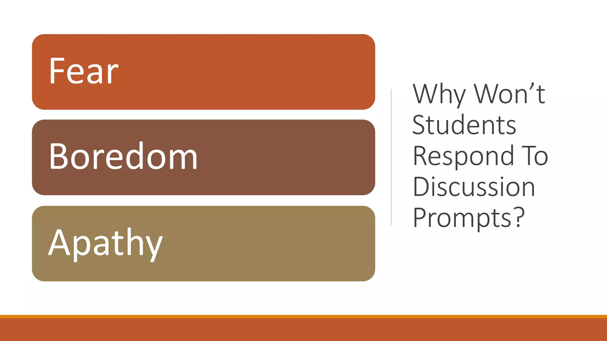 Why Won’t
Students
Respond To
Discussion
Prompts?
Fear
Boredom
Apathy
 