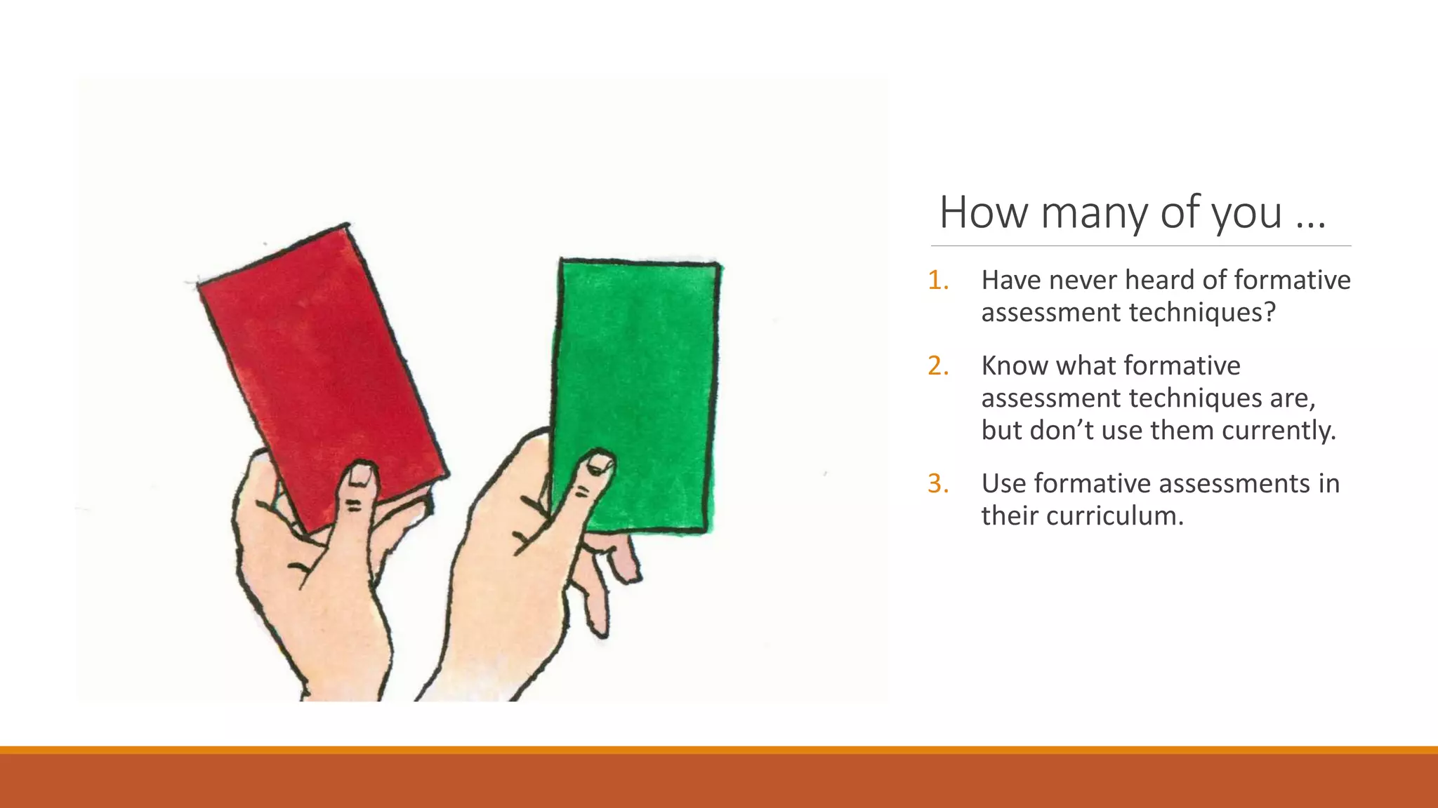 How many of you …
1. Have never heard of formative
assessment techniques?
2. Know what formative
assessment techniques are,
but don’t use them currently.
3. Use formative assessments in
their curriculum.
 