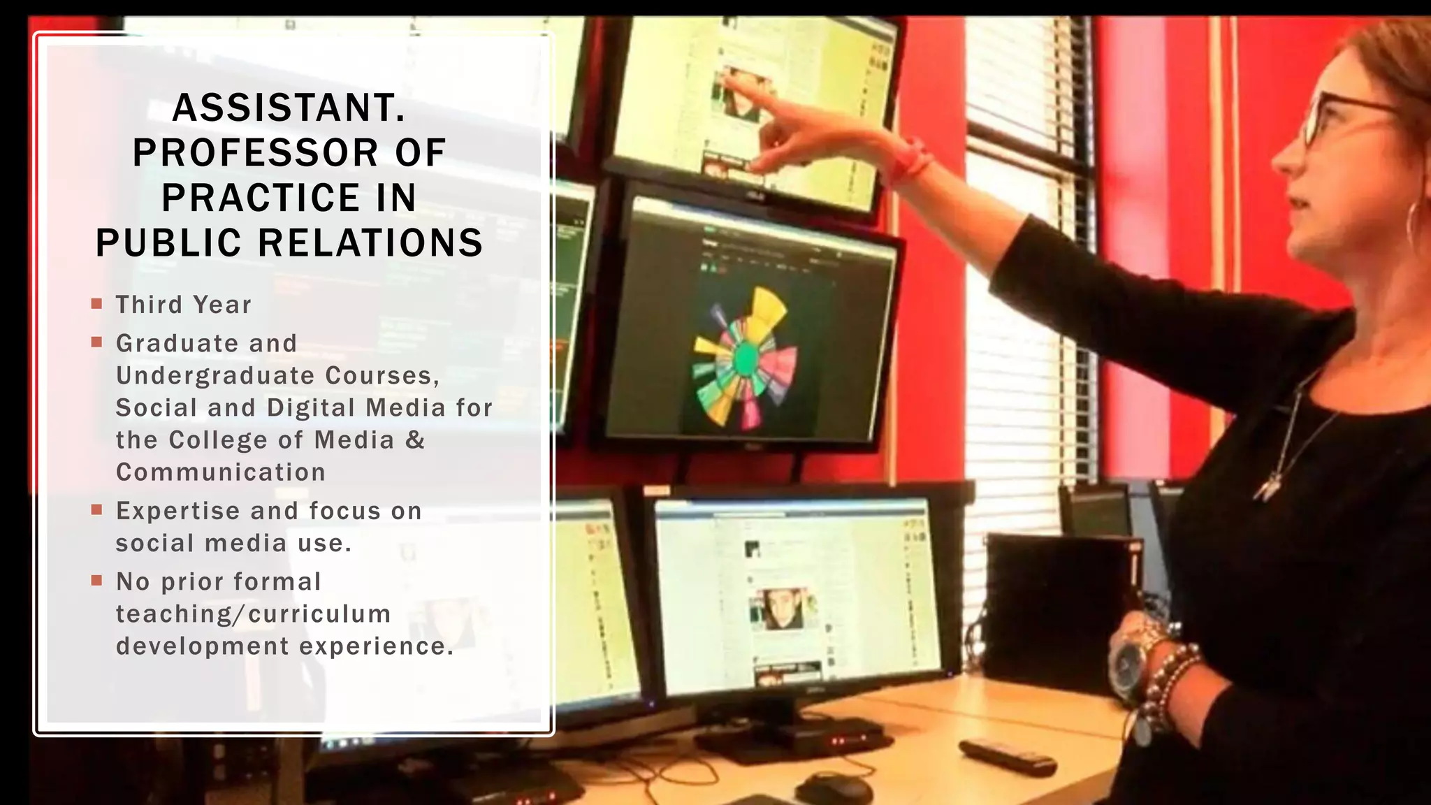 ASSISTANT.
PROFESSOR OF
PRACTICE IN
PUBLIC RELATIONS
 Third Year
 Graduate and
Undergraduate Courses,
Social and Digital Media for
the College of Media &
Communication
 Expertise and focus on
social media use.
 No prior formal
teaching/curriculum
development experience.
 