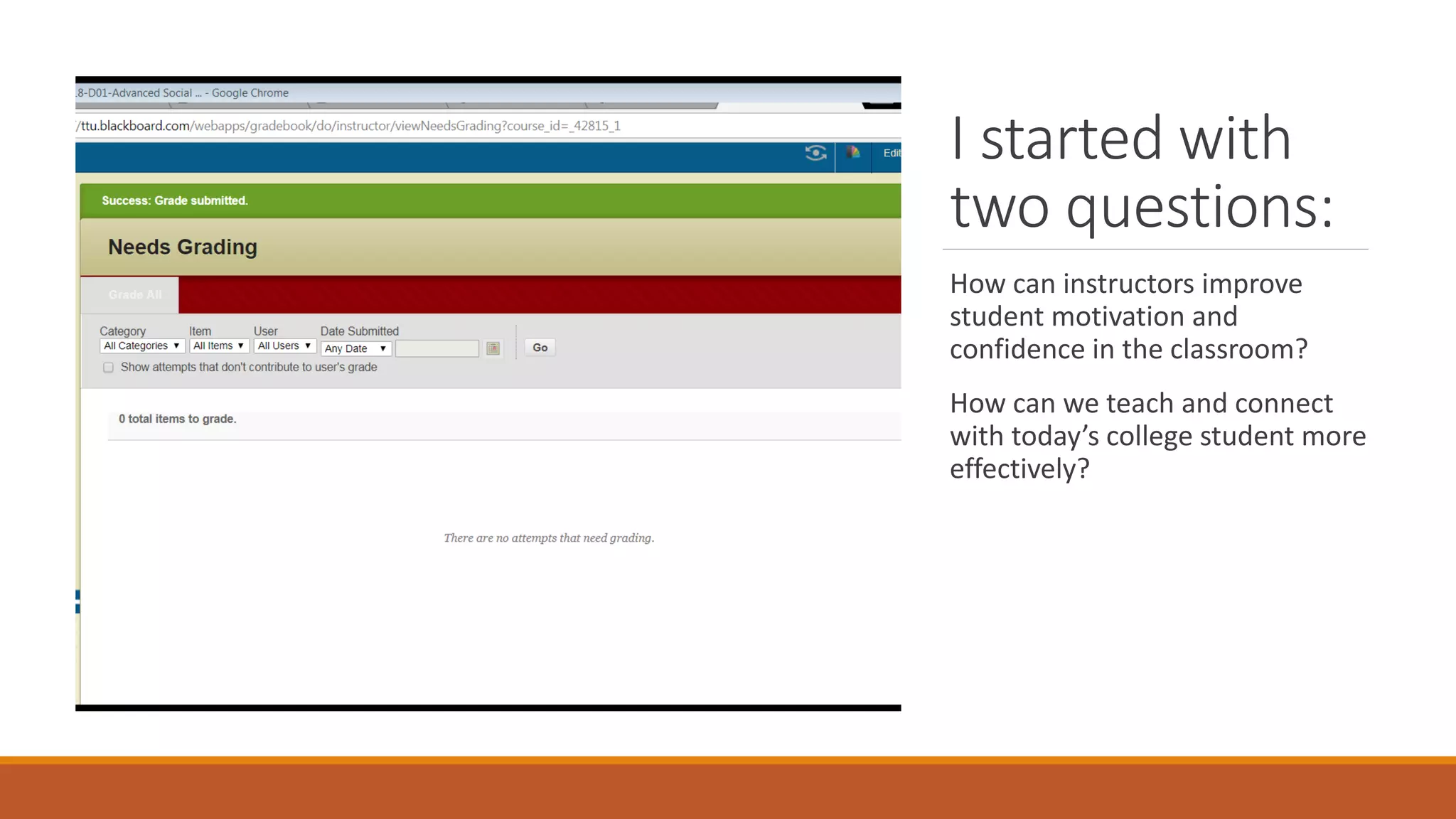 I started with
two questions:
How can instructors improve
student motivation and
confidence in the classroom?
How can we teach and connect
with today’s college student more
effectively?
 