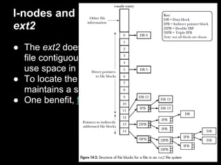 I-nodes and Data Block Pointers in
ext2
● The ext2 doesn't store the data blocks of a
  file contiguously and allows the file system to
  use space in an efficient way.
● To locate the file data blocks, the kernel
  maintains a set of pointers in the i-node.
● One benefit, files can have holes.
 