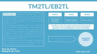 TM2TL/EB2TL
WHAT HOW WHEN
Team Management
Team Standards
Productivity
Educations, Training,
Tracking, Analytics
Weekly or Biweekly
Leading a team & implementing Team Standards
QUALITY TM EXPERIENCE THAT MATTERS!
SUGGESTED
AGENDA
Adjust and customize for local and
ongoing needs
TM2TL/EB2TL meetings should take place weekly
or biweekly, depending on the TLs’ needs. The aim
of these meetings is to help team leaders properly
implement Team Standards – not only in quantity
but also in quality.
These meetings emphasize and focus on all things
to do with team management – from educations
and trainings on how to successfully lead and
manage a team, to tracking & gathering Business
Intelligence (TM area), identifying & solving
bottlenecks, and creating a proactive approach to
talent management in the LC.
The final aim is to increase XP quality, measured by
NPS, retention rate, and upselling, as well as
increase productivity and performance.
 