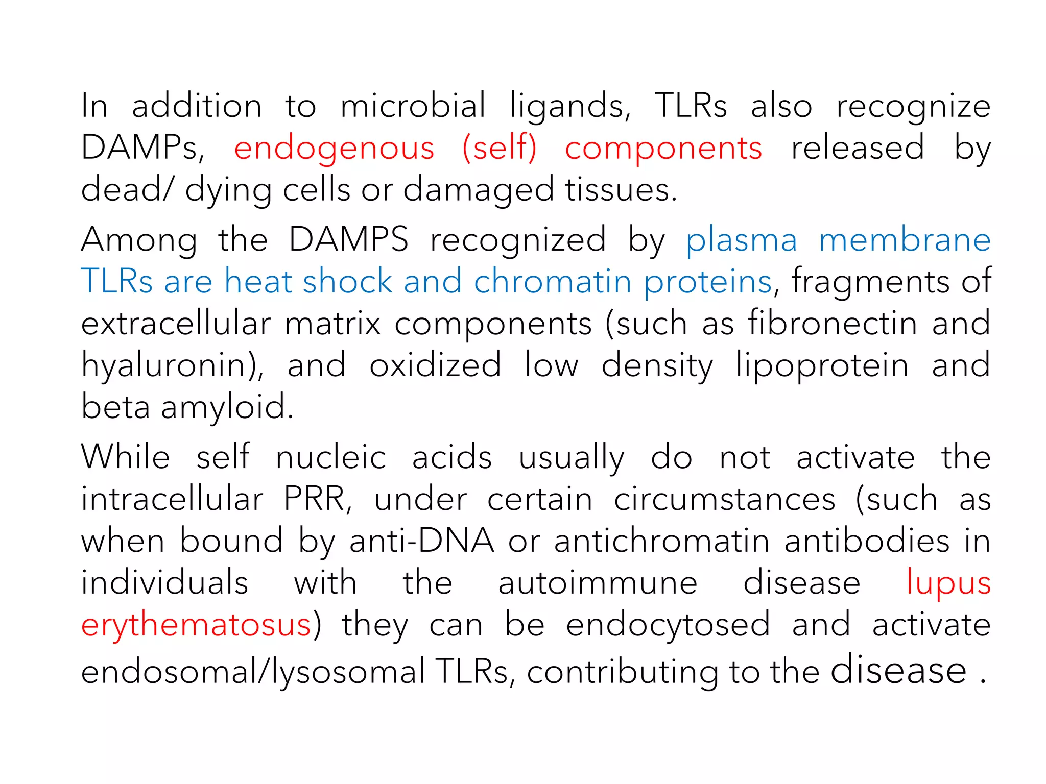 In addition to microbial ligands, TLRs also recognize
DAMPs, endogenous (self) components released by
dead/ dying cells or damaged tissues.
Among the DAMPS recognized by plasma membrane
TLRs are heat shock and chromatin proteins, fragments of
extracellular matrix components (such as fibronectin and
hyaluronin), and oxidized low density lipoprotein and
beta amyloid.
While self nucleic acids usually do not activate the
intracellular PRR, under certain circumstances (such as
when bound by anti-DNA or antichromatin antibodies in
individuals with the autoimmune disease lupus
erythematosus) they can be endocytosed and activate
endosomal/lysosomal TLRs, contributing to the disease .
 
