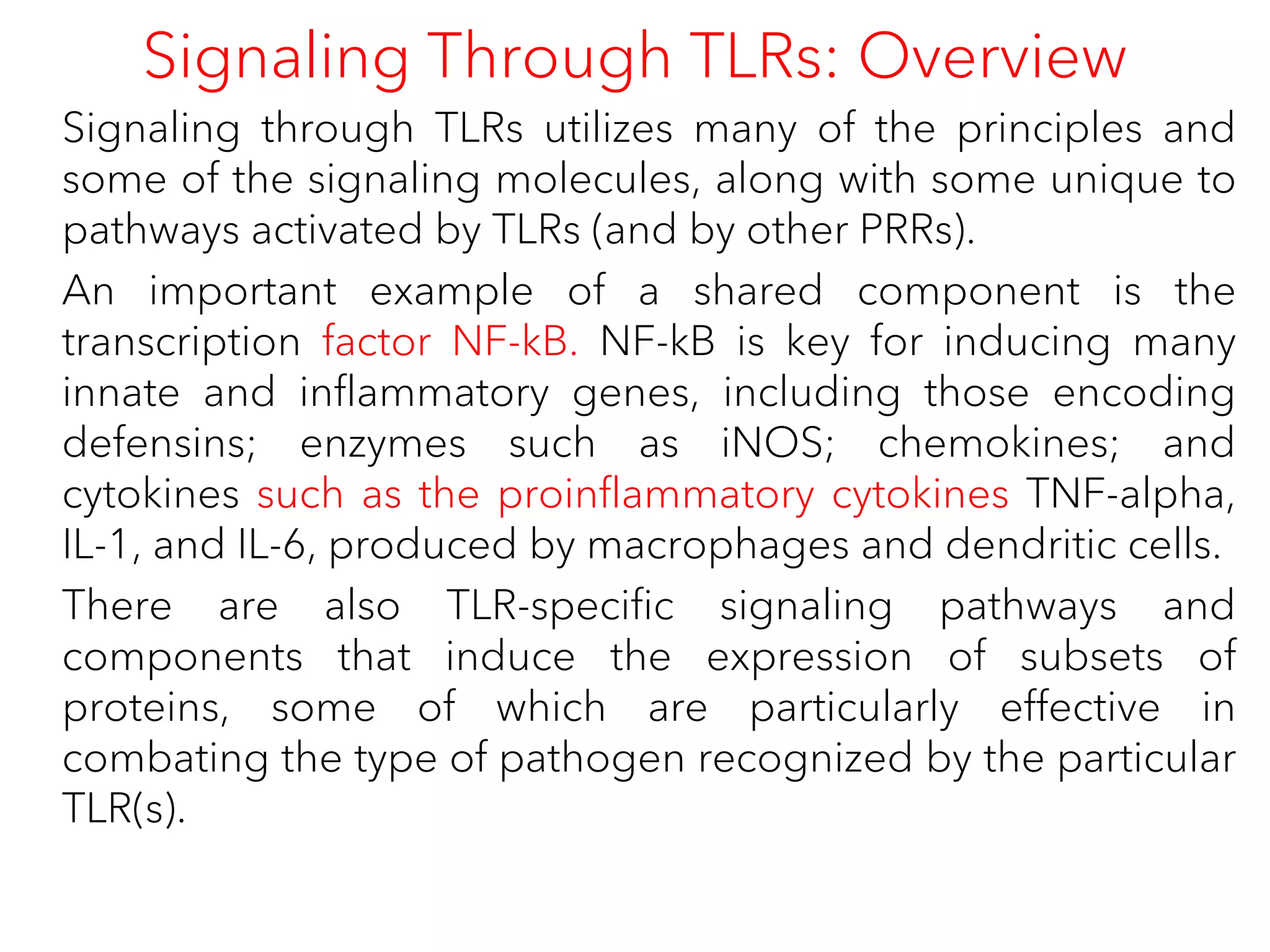 Signaling Through TLRs: Overview
Signaling through TLRs utilizes many of the principles and
some of the signaling molecules, along with some unique to
pathways activated by TLRs (and by other PRRs).
An important example of a shared component is the
transcription factor NF-kB. NF-kB is key for inducing many
innate and inflammatory genes, including those encoding
defensins; enzymes such as iNOS; chemokines; and
cytokines such as the proinflammatory cytokines TNF-alpha,
IL-1, and IL-6, produced by macrophages and dendritic cells.
There are also TLR-specific signaling pathways and
components that induce the expression of subsets of
proteins, some of which are particularly effective in
combating the type of pathogen recognized by the particular
TLR(s).
 