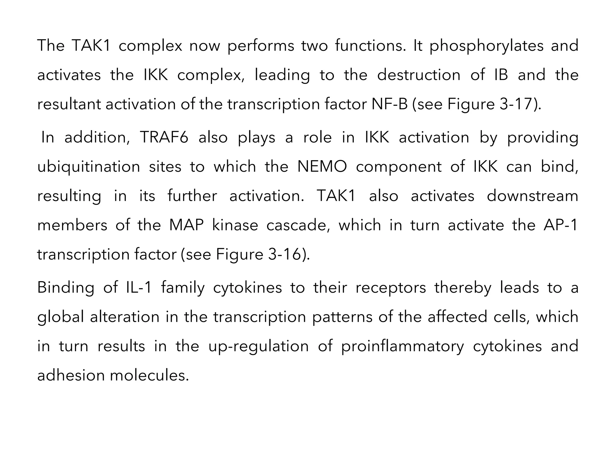 The TAK1 complex now performs two functions. It phosphorylates and
activates the IKK complex, leading to the destruction of IB and the
resultant activation of the transcription factor NF-B (see Figure 3-17).
In addition, TRAF6 also plays a role in IKK activation by providing
ubiquitination sites to which the NEMO component of IKK can bind,
resulting in its further activation. TAK1 also activates downstream
members of the MAP kinase cascade, which in turn activate the AP-1
transcription factor (see Figure 3-16).
Binding of IL-1 family cytokines to their receptors thereby leads to a
global alteration in the transcription patterns of the affected cells, which
in turn results in the up-regulation of proinflammatory cytokines and
adhesion molecules.
 