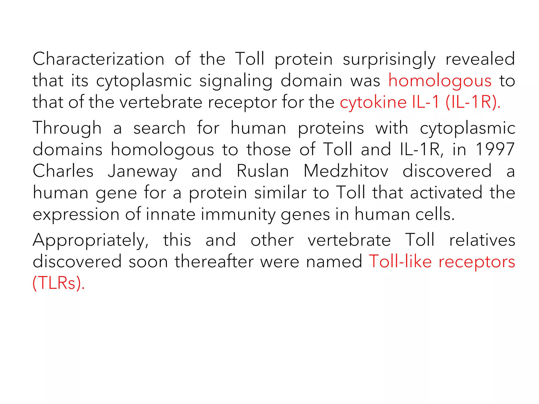 Characterization of the Toll protein surprisingly revealed
that its cytoplasmic signaling domain was homologous to
that of the vertebrate receptor for the cytokine IL-1 (IL-1R).
Through a search for human proteins with cytoplasmic
domains homologous to those of Toll and IL-1R, in 1997
Charles Janeway and Ruslan Medzhitov discovered a
human gene for a protein similar to Toll that activated the
expression of innate immunity genes in human cells.
Appropriately, this and other vertebrate Toll relatives
discovered soon thereafter were named Toll-like receptors
(TLRs).
 