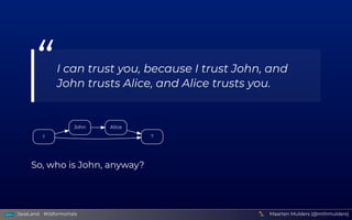 I
John
?
Alice
So, who is John, anyway?
“I can trust you, because I trust John, and
John trusts Alice, and Alice trusts yo...