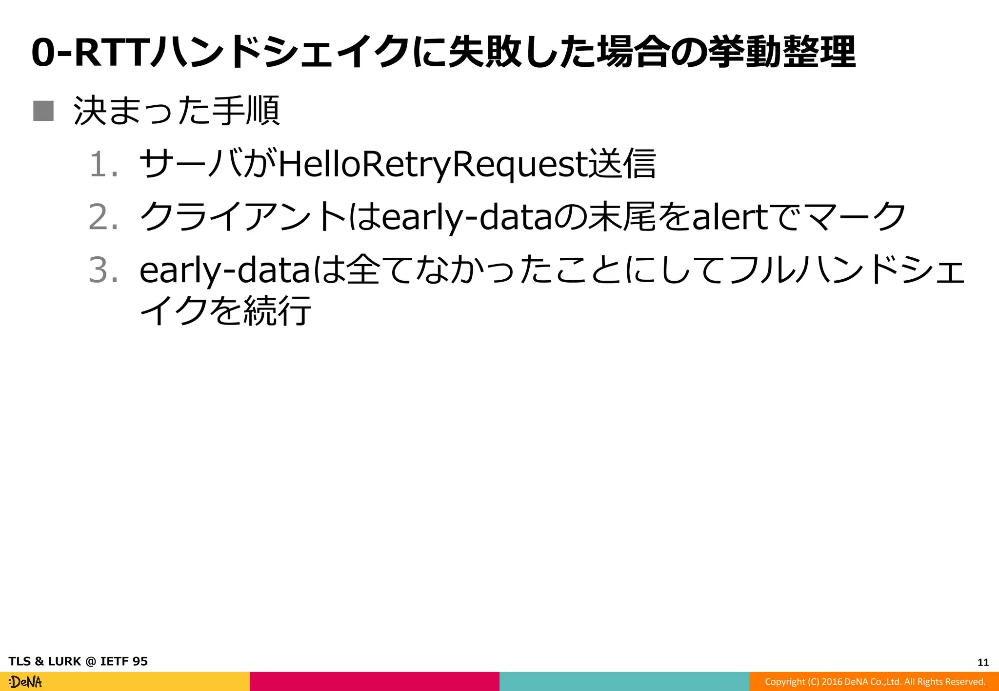 Copyright (C) 2016 DeNA Co.,Ltd. All Rights Reserved.
0-RTTハンドシェイクに失敗した場合の挙動整理
 決まった手順
1. サーバがHelloRetryRequest送信
2. クライアントはearly-dataの末尾をalertでマーク
3. early-dataは全てなかったことにしてフルハンドシェ
イクを続行
11TLS & LURK @ IETF 95
 