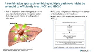 A combination approach inhibiting multiple pathways might be
essential to efficiently treat HCC and NSCLC
17
§ HCC is a complex and heterogenous cancer
associated with multiple etiological factors
that may benefit from a broad-spectrum
approach
§ NSCLC is a complex and heterogenous cancer
with multiple genetic mutations
§ K-RAS and EGFR mutations predominate in
NSCLC
NASH
Noha E. Ibrahim, Wael M. Aboulthana, Ram Kumar Sahu. Hepatocellular
Carcinoma: Causes and Prevention. UKJPB. 2018; 6(5): 48-55.
 