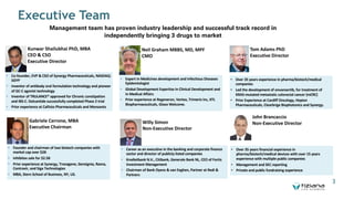 Executive Team
Management team has proven industry leadership and successful track record in
independently bringing 3 drugs to market
3
• Career as an executive in the banking and corporate finance
sector and director of publicly listed companies
• Kredietbank N.V., Citibank, Generale Bank NL, CEO of Fortis
Investment Management
• Chairman of Bank Oyens & van Eeghen, Partner at Redi &
Partners
Willy Simon
Non-Executive Director
• Co-founder, EVP & CSO of Synergy Pharmaceuticals, NASDAQ:
SGYP
• Inventor of antibody oral formulation technology and pioneer
of GC-C agonist technology
• Inventor of TRULANCE® approved for Chronic constipation
and IBS-C. Dolcantide successfully completed Phase 2 trial
• Prior experience at Callisto Pharmaceuticals and Monsanto
Kunwar Shailubhai PhD, MBA
CEO & CSO
Executive Director
• Founder and chairman of two biotech companies with
market cap over $2B
• Inhibitex sale for $2.5B
• Prior experience at Synergy, Trovagene, Gensignia, Rasna,
Contravir, and Siga Technologies
• MBA, Stern School of Business, NY, US.
Gabriele Cerrone, MBA
Executive Chairman
• Over 35 years financial experience in
pharma/biotech/medical devices with over 15 years
experience with multiple public companies
• Management and SEC reporting
• Private and public fundraising experience
John Brancaccio
Non-Executive Director
• Expert in Medicines development and Infectious Diseases
Epidemiologist
• Global Development Expertise in Clinical Development and
in Medical Affairs
• Prior experience at Regeneron, Vertex, Trimeris Inc, XTL
Biopharmaceuticals, Glaxo Welcome.
Neil Graham MBBS, MD, MPF
CMO
• Over 35 years experience in pharma/biotech/medical
companies
• Led the development of onvansertib, for treatment of
KRAS-mutated metastatic colorectal cancer (mCRC)
• Prior Experience at Cardiff Oncology, Hepion
Pharmaceuticals, Clearbrige Biophotonics and Synergy.
Tom Adams PhD
Executive Director
 