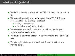 What we did (nutshell)
We built a symbolic model of the TLS 1.3 speciﬁcation - draft
10
We wanted to verify the main properties of TLS 1.3 as an
authenticated key exchange protocol
secrecy of session keys
unilateral (mutual) authentication
We extended our draft 10 model to include the delayed
authentication mechanism
We found a potential attack - disclosed this to the IETF TLS
WG
We started updating our model but the speciﬁcation is a
moving target
Cas Cremers, Marko Horvat, Sam Scott, Thyla van der Merwe Automated Analysis of TLS 1.3
 