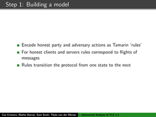Step 1: Building a model
Encode honest party and adversary actions as Tamarin ‘rules’
For honest clients and servers rules correspond to ﬂights of
messages
Rules transition the protocol from one state to the next
Cas Cremers, Marko Horvat, Sam Scott, Thyla van der Merwe Automated Analysis of TLS 1.3
 