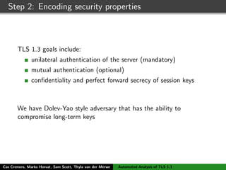 Step 2: Encoding security properties
TLS 1.3 goals include:
unilateral authentication of the server (mandatory)
mutual authentication (optional)
conﬁdentiality and perfect forward secrecy of session keys
We have Dolev-Yao style adversary that has the ability to
compromise long-term keys
Cas Cremers, Marko Horvat, Sam Scott, Thyla van der Merwe Automated Analysis of TLS 1.3
 