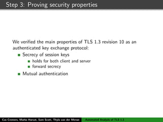 Step 3: Proving security properties
We veriﬁed the main properties of TLS 1.3 revision 10 as an
authenticated key exchange protocol:
Secrecy of session keys
holds for both client and server
forward secrecy
Mutual authentication
Cas Cremers, Marko Horvat, Sam Scott, Thyla van der Merwe Automated Analysis of TLS 1.3
 