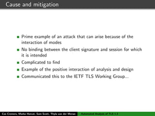 Cause and mitigation
Prime example of an attack that can arise because of the
interaction of modes
No binding between the client signature and session for which
it is intended
Complicated to ﬁnd
Example of the positive interaction of analysis and design
Communicated this to the IETF TLS Working Group...
Cas Cremers, Marko Horvat, Sam Scott, Thyla van der Merwe Automated Analysis of TLS 1.3
 