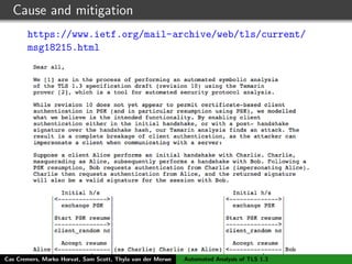Cause and mitigation
https://www.ietf.org/mail-archive/web/tls/current/
msg18215.html
Cas Cremers, Marko Horvat, Sam Scott, Thyla van der Merwe Automated Analysis of TLS 1.3
 