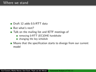 Where we stand
Draft 12 adds 0.5-RTT data
But what’s next?
Talk on the mailing list and IETF meetings of
removing 0-RTT (EC)DHE handshake
changing the key schedule
Means that the speciﬁcation starts to diverge from our current
model
Cas Cremers, Marko Horvat, Sam Scott, Thyla van der Merwe Automated Analysis of TLS 1.3
 