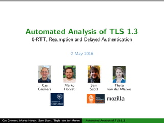 Automated Analysis of TLS 1.3
0-RTT, Resumption and Delayed Authentication
2 May 2016
Cas
Cremers
Marko
Horvat
Sam
Scott
Thyla
van der Merwe
Cas Cremers, Marko Horvat, Sam Scott, Thyla van der Merwe Automated Analysis of TLS 1.3
 