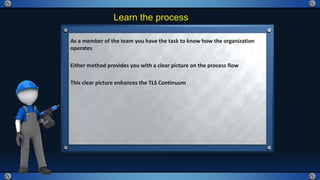 Learn the process
As a member of the team you have the task to know how the organization
operates
Either method provides you with a clear picture on the process flow
This clear picture enhances the TLS Continuum
 
