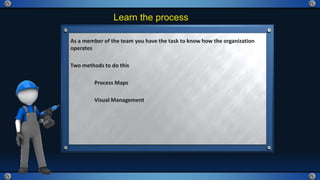 Learn the process
As a member of the team you have the task to know how the organization
operates
Two methods to do this
Process Maps
Visual Management
 