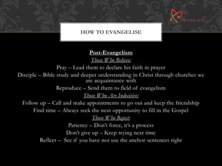 HOW TO EVANGELISE 
Post-Evangelism 
Those Who Believe: 
Pray – Lead them to declare his faith in prayer 
Disciple – Bible study and deeper understanding in Christ through churches we 
are acquaintance with 
Reproduce – Send them to field of evangelism 
Those Who Are Indecisive: 
Follow up – Call and make appointments to go out and keep the friendship 
Find time – Always seek the next opportunity to fill in the Gospel 
Those Who Reject: 
Patience – Don’t force, it’s a process 
Don’t give up – Keep trying next time 
Reflect – See if you have not use the anchor sentences right 
 