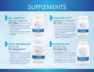 SUPPLEMENTS 
*These statements have not been evaluated by the Food and Drug Administration. These products are not intended to diagnose, treat, cure or prevent any disease. 
STRESSED OUT? 
Stabilize your mood with 
TLS® ACTS ADRENAL, CORTISOL, 
THYROID  STRESS SUPPORT FORMULA. 
• Don’t turn to food to comfort you from stress. 
Your body’s reaction to stress can be directly 
impacted by the adrenal and thyroid glands 
and the hormone cortisol, all of which can 
benefit from TLS ACTS.* 
• TLS ACTS addresses the root of the problem 
by helping your body adapt to stress and 
assisting you with your weight loss.* 
STUBBORN FAT? 
Slim down with 
TLS Tonalin® CLA 
CONJUGATED LINOLEIC ACID. 
• TLS Tonalin CLA contains natural ingredients 
to help redistribute fat to fat-burning muscle tissue, 
promoting lean muscle mass and decreasing 
the amount of fat stored in your body.* 
• A great supplement while on an exercise plan, 
TLS Tonalin CLA will help your body use fat as 
fuel, helping enhance your lean muscle mass.* 
BIG APPETITE? 
Tame your hunger with 
TLS® CORE FAT  CARB INHIBITOR. 
• TLS CORE helps suppress your appetite 
with the help of LeptiCore®, an all-natural 
ingredient with the demonstrated ability to 
enhance weight loss.* 
• Promote weight loss, help control carbohydrates 
and help your body stop storing fat with 
TLS CORE.* 
SLOW METABOLISM? 
Burn fat with 
TLS® Thermochrome™ 
WITH ADVANTRA Z®. 
• TLS Thermochrome helps support increased 
energy levels and weight loss with the power 
of Advantra Z, the only patented thermogenic 
ingredient for weight loss and peak physical 
performance on the market today.* 
• TLS Thermochrome can help the body burn 
fat, all while maintaining healthy blood sugar 
levels and helping suppress appetite.* 
 