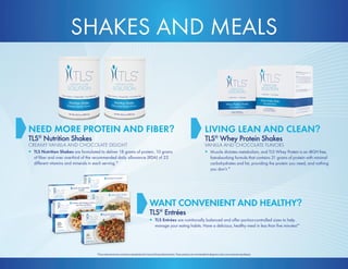 SHAKES AND MEALS 
*These statements have not been evaluated by the Food and Drug Administration. These products are not intended to diagnose, treat, cure or prevent any disease. 
NEED MORE PROTEIN AND FIBER? 
TLS® Nutrition Shakes 
CREAMY VANILLA AND CHOCOLATE DELIGHT 
• TLS Nutrition Shakes are formulated to deliver 18 grams of protein, 10 grams 
of fiber and over one-third of the recommended daily allowance (RDA) of 22 
different vitamins and minerals in each serving.* 
LIVING LEAN AND CLEAN? 
TLS® Whey Protein Shakes 
VANILLA AND CHOCOLATE FLAVORS 
• Muscle dictates metabolism, and TLS Whey Protein is an rBGH free, 
fast-absorbing formula that contains 21 grams of protein with minimal 
carbohydrates and fat, providing the protein you need, and nothing 
you don’t.* 
WANT CONVENIENT AND HEALTHY? 
TLS® Entrées 
• TLS Entrées are nutritionally balanced and offer portion-controlled sizes to help 
manage your eating habits. Have a delicious, healthy meal in less than five minutes!* 
 