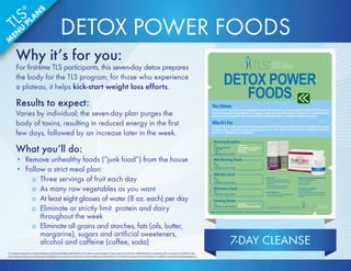 7-DAY CLEANSE 
DETOX POWER 
FOODS 
Isotonix OPC-3® 
• Promotes cardiovascular and joint health* 
• Helps maintain healthy cholesterol and blood 
glucose levels* 
• Demonstrates anti-inflammatory activity* 
• Supports normal blood vessel dilation* 
Istonix® Multivitamin 
• Contains 100% or more of the recommended daily 
allowance of essential vitamins 
NutriClean® 7-Day Cleansing  Detoxification System 
• Helps maintain digestive health* 
• Helps cleanse the colon* 
• Promotes liver health* 
TLS® CORE Fat  Carb Inhibitor 
• Helps promote weight loss* 
• Helps inhibit carbohydrate absorption in the body* 
• May help suppress appetite by promoting a feeling 
of fullness* 
Morning Breakfast 
Pick: 
• ½ lemon squeezed into 
warm water 
• 1 fruit 
• Vegetables (as much as you like) 
Supplements: 
Take TLS CORE Fat  Carb Inhibitor, 
Isotonix OPC-3® and Isotonix® 
Multivitamin 
Mid-Morning Snack 
Pick: 
• 1 fruit 
• Vegetables (as much as you like) 
Mid-Day Lunch 
Pick: 
• 1 fruit 
• Vegetables (as much as you like) 
Afternoon Snack 
Pick: 
• Vegetables (as much as you like) 
Evening Dinner 
Pick: 
• Vegetables (as much as you like) 
Supplement: 
Take TLS CORE Fat  Carb Inhibitor 
The Skinny 
A full, seven-day fruit and vegetable cleanse designed to gently purge the body of impurities, 
relieve the body's dependence on sugary foods, enhance the body's response to carbohydrates 
and help curb appetite for seet and fatty foods that don't support weight loss goals. 
Who It’s For 
People who are serious about losing weight and looking to accelerate their weight loss goals; 
anyone who is experiencing a plateau; people who want to receive the maximum benefits 
from TLS® Weight Loss Solutions. 
* These statements have not been evaluated by the Food and Drug Administration. 
These products are not intended to diagnose, treat, cure or prevent any disease. 
DETOX POWER FOODS 
Why it’s for you: 
For first-time TLS participants, this seven-day detox prepares 
the body for the TLS program; for those who experience 
a plateau, it helps kick-start weight loss efforts. 
Results to expect: 
Varies by individual; the seven-day plan purges the 
body of toxins, resulting in reduced energy in the first 
few days, followed by an increase later in the week. 
What you’ll do: 
• Remove unhealthy foods (“junk food”) from the house 
• Follow a strict meal plan: 
o Three servings of fruit each day 
o As many raw vegetables as you want 
o At least eight glasses of water (8 oz. each) per day 
o Eliminate or strictly limit protein and dairy 
throughout the week 
o Eliminate all grains and starches, fats (oils, butter, 
margarine), sugars and artificial sweeteners, 
alcohol and caffeine (coffee, soda) 
*Consult your physician or other healthcare professional before starting this or any other exercise program. If you experience faintness, lightheadedness, dizziness, pain or shortness of breath at any 
time while exercising, you should stop immediately and consult your physician or other healthcare professional. Do not start this program if your physician or healthcare professional advises against it. 
TLS® 
MENU PLANS 
 