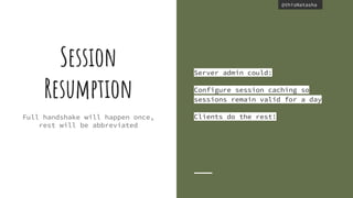@thisNatasha@thisNatasha
Full handshake will happen once,
rest will be abbreviated
Session
Resumption
Server admin could:
Configure session caching so
sessions remain valid for a day
Clients do the rest!
 