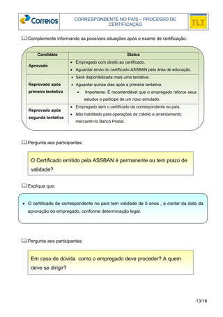 CORRESPONDENTE NO PAÍS – PROCESSO DE 
CERTIFICAÇÃO 
• Importante: É recomendável que o empregado reforce seus 
13/16 
Complemente informando as possíveis situações após o exame de certificação: 
Candidato Status 
Aprovado 
• Empregado com direito ao certificado. 
• Aguardar envio do certificado ASSBAN pela área de educação. 
Reprovado após 
primeira tentativa 
• Será disponibilizada mais uma tentativa. 
• Aguardar quinze dias após a primeira tentativa. 
Pergunte aos participantes: 
Explique que. 
Pergunte aos participantes: 
estudos e participe de um novo simulado. 
Reprovado após 
segunda tentativa 
• Empregado sem o certificado de correspondente no país. 
• Não habilitado para operações de crédito e arrendamento 
mercantil no Banco Postal. 
O Certificado emitido pela ASSBAN é permanente ou tem prazo de 
validade? 
• O certificado de correspondente no país tem validade de 5 anos , a contar da data da 
aprovação do empregado, conforme determinação legal. 
Em caso de dúvida como o empregado deve proceder? A quem 
deve se dirigir? 
 