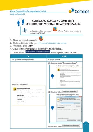 Curso Preparatório Correspondentes no País 
Ajuda ao Trabalho 01 
1 
Acesso ao Curso no Ambiente 
UniCorreios Virtual de Aprendizagem 
Utilize somente o navegador Mozila Firefox para acessar a 
UniCorreios Virtual! 
1. Clique no ícone do navegador . 
2. Digite na barra de endereços www.universidadecorreios.com.br 
3. Pressione a tecla Enter. 
4. Clique no texto “Clique para dispensar” (tela de popup). 
5. Clique no link (canto superior direito da tela). 
Se então 
não aparecer mensagem na tela Vá para o passo 6. 
Aparecer a mensagem: 
5.1 Clique na opção “Entendo os riscos”. 
Será apresentada a seguinte tela: 
5.2 Clique no botão . 
Será apresentada a seguinte tela: 
5.3 Clique no botão . 
 