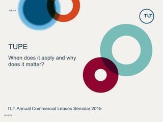 TLT LLPTLT LLPTLT LLPTLT LLPTLT LLPTLT LLP
TUPE
When does it apply and why
does it matter?
18116719.1
TLT Annual Commercial Leases Seminar 2015
 