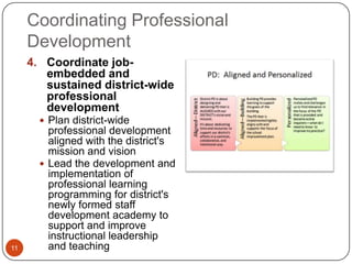 Coordinating Professional
     Development
     4. Coordinate job-
        embedded and
        sustained district-wide
        professional
        development
        Plan district-wide
         professional development
         aligned with the district's
         mission and vision
        Lead the development and
         implementation of
         professional learning
         programming for district's
         newly formed staff
         development academy to
         support and improve
         instructional leadership
11       and teaching
 