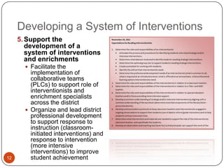 Developing a System of Interventions
     5. Support the
        development of a
        system of interventions
        and enrichments
        Facilitate the
         implementation of
         collaborative teams
         (PLCs) to support role of
         interventionists and
         enrichment specialists
         across the district
        Organize and lead district
         professional development
         to support response to
         instruction (classroom-
         initiated interventions) and
         response to intervention
         (more intensive
         interventions) to improve
12       student achievement
 