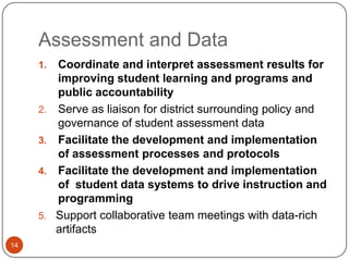 Assessment and Data
     1.   Coordinate and interpret assessment results for
          improving student learning and programs and
          public accountability
     2.   Serve as liaison for district surrounding policy and
          governance of student assessment data
     3.   Facilitate the development and implementation
          of assessment processes and protocols
     4.   Facilitate the development and implementation
          of student data systems to drive instruction and
          programming
     5.   Support collaborative team meetings with data-rich
          artifacts
14
 
