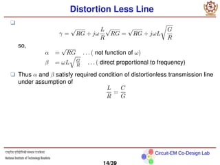 Circuit-EM Co-Design Lab
Distortion Less Line
❑
γ =
√
RG + jω
L
R
√
RG =
√
RG + jωL
r
G
R
so,
α =
√
RG . . . ( not function of ω)
β = ωL
q
G
R . . . ( direct proportional to frequency)
❑ Thus α and β satisfy required condition of distortionless transmission line
under assumption of
L
R
=
C
G
14/39
 