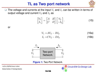 Circuit-EM Co-Design Lab
TL as Two port network
❑ The voltage and currents at the input V1 and I1 can be written in terms of
output voltage and current V2 and I2 as

V1
I1

=

A B
C D
 
V2
−I2

. (15)
or
V1 =AV2 − BI2 (16a)
I1 =CV2 − DI2 (16b)
Two-port
Network
I1
+
−
V1
I2
−
+
V2
Figure 1: Two-Port Network
16/39
 