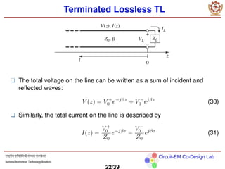 Circuit-EM Co-Design Lab
Terminated Lossless TL
❑ The total voltage on the line can be written as a sum of incident and
reflected waves:
V (z) = V +
0 e−jβz
+ V −
0 ejβz
(30)
❑ Similarly, the total current on the line is described by
I(z) =
V +
0
Z0
e−jβz
−
V −
0
Z0
ejβz
(31)
22/39
 