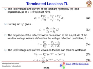 Circuit-EM Co-Design Lab
Terminated Lossless TL
❑ The total voltage and current at the load are related by the load
impedance, so at z = 0 we must have
ZL =
V (0)
I(0)
=
V +
0 + V −
0
V +
0 − V −
0
Z0 (32)
❑ Solving for V −
0 gives
V −
0 =
ZL − Z0
ZL + Z0
V +
0 (33)
❑ The amplitude of the reflected wave normalized to the amplitude of the
incident voltage wave is defined as the voltage reflection coefficient, Γ :
Γ =
V −
0
V +
0
=
ZL − Z0
ZL + Z0
(34)
❑ The total voltage and current waves on the line can then be written as
V (z) = V +
0 e−jβz
+ Γejβz

(35)
I(z) =
V +
0
Z0
e−jβz
− Γejβz

. (36)
23/39
 