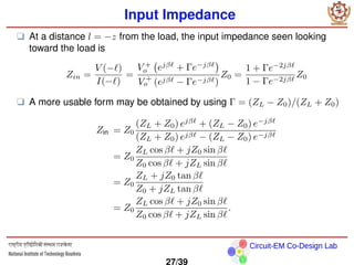 Circuit-EM Co-Design Lab
Input Impedance
❑ At a distance l = −z from the load, the input impedance seen looking
toward the load is
Zin =
V (−ℓ)
I(−ℓ)
=
V +
o ejβℓ
+ Γe−jβℓ

V +
o (ejβℓ − Γe−jβℓ)
Z0 =
1 + Γe−2jβℓ
1 − Γe−2jβℓ
Z0
❑ A more usable form may be obtained by using Γ = (ZL − Z0)/(ZL + Z0)
Zin = Z0
(ZL + Z0) ejβℓ
+ (ZL − Z0) e−jβℓ
(ZL + Z0) ejβℓ − (ZL − Z0) e−jβℓ
= Z0
ZL cos βℓ + jZ0 sin βℓ
Z0 cos βℓ + jZL sin βℓ
= Z0
ZL + jZ0 tan βℓ
Z0 + jZL tan βℓ
= Z0
ZL cos βℓ + jZ0 sin βℓ
Z0 cos βℓ + jZL sin βℓ
.
27/39
 