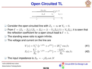 Circuit-EM Co-Design Lab
Open Circuited TL
❑ Consider the open-circuited line with ZL = ∞ or YL = 0.
❑ From Γ = (ZL − Z0)/(ZL + Z0) = (1 − YLZ0)/(1 + YLZ0), it is seen that
the reflection coefficient for a open circuit load is Γ = 1.
❑ The standing wave ratio is again infinite.
❑ The voltage and current on the line are
V (z) = V +
o e−jβz
+ ejβz

= 2V +
o cos βz (41)
I(z) =
V +
o
Z0
e−jβz
− ejβz

=
−2jV +
o
Z0
sin βz (42)
❑ The input impedance is Zin = −jZ0 cot βℓ
30/39
 