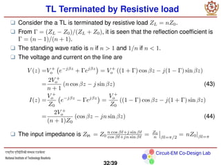 Circuit-EM Co-Design Lab
TL Terminated by Resistive load
❑ Consider the a TL is terminated by resistive load ZL = nZ0.
❑ From Γ = (ZL − Z0)/(ZL + Z0), it is seen that the reflection coefficient is
Γ = (n − 1)/(n + 1).
❑ The standing wave ratio is n if n  1 and 1/n if n  1.
❑ The voltage and current on the line are
V (z) =V +
o e−jβz
+ Γejβz

= V +
o ((1 + Γ) cos βz − j(1 − Γ) sin βz)
=
2V +
o
n + 1
(n cos βz − j sin βz) (43)
I(z) =
V +
o
Z0
e−jβz
− Γejβz

=
V +
o
Z0
((1 − Γ) cos βz − j(1 + Γ) sin βz)
=
2V +
o
(n + 1)Z0
(cos βz − jn sin βz) (44)
❑ The input impedance is Zin = Z0
n cos βℓ+j sin βℓ
cos βℓ+jn sin βℓ = Z0
n βl=π/2
= nZ0|βl=π
32/39
 