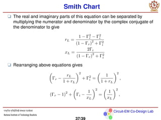 Circuit-EM Co-Design Lab
Smith Chart
❑ The real and imaginary parts of this equation can be separated by
multiplying the numerator and denominator by the complex conjugate of
the denominator to give
rL =
1 − Γ2
r − Γ2
i
(1 − Γr)
2
+ Γ2
i
xL =
2Γi
(1 − Γr)
2
+ Γ2
i
❑ Rearranging above equations gives

Γr −
rL
1 + rL
2
+ Γ2
i =

1
1 + rL
2
,
(Γr − 1)
2
+

Γi −
1
xL
2
=

1
xL
2
,
37/39
 