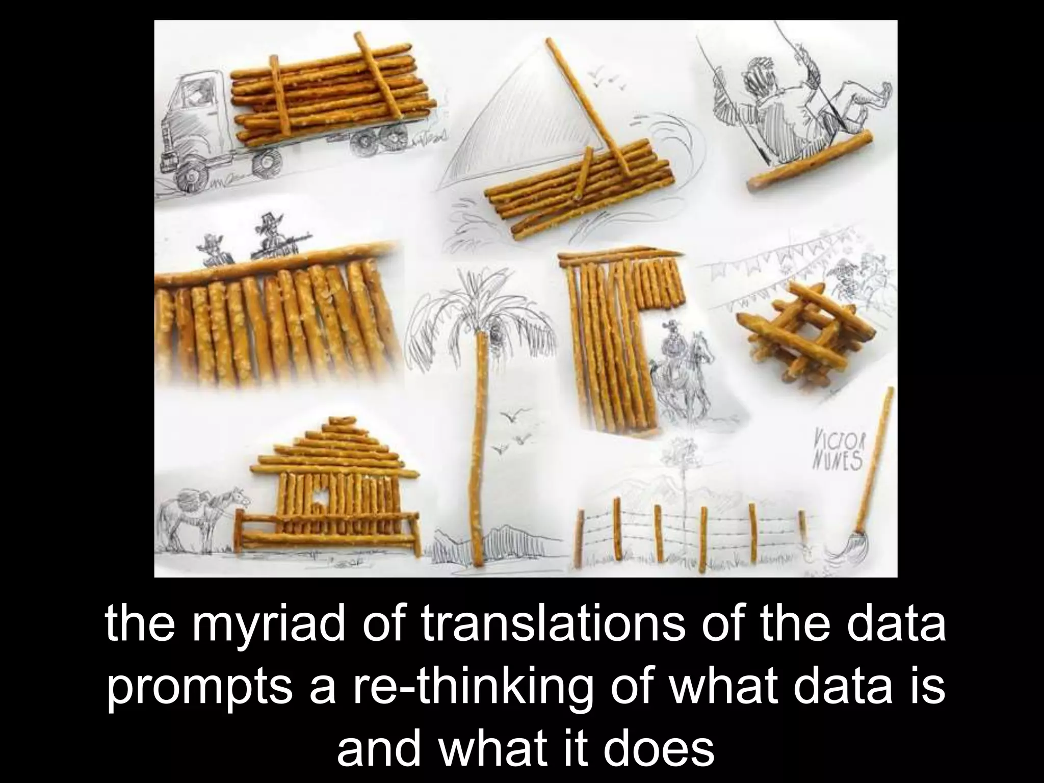 the myriad of translations of the data
prompts a re-thinking of what data is
and what it does
 
