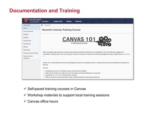 Documentation and Training
 Self-paced training courses in Canvas
 Workshop materials to support local training sessions
 Canvas office hours
 