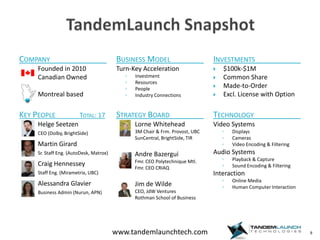 Company	Founded in 2010Canadian Owned	Montreal based9TandemLaunch SnapshotBusiness Model	Turn-Key AccelerationInvestmentResourcesPeopleIndustry ConnectionsInvestments	$100k-$1MCommon ShareMade-to-OrderExcl. License with OptionKey People            Total: 17	Helge SeetzenCEO (Dolby, BrightSide)	Martin GirardSr. Staff Eng. (AutoDesk, Matrox)	Craig HennesseyStaff Eng. (Mirametrix, UBC)	Alessandra GlavierBusiness Admin (Nurun, APN)Strategy Board		Lorne Whitehead	3M Chair & Frm. Provost, UBCSunCentral, BrightSide, TIR	Andre BazerguiFmr. CEO PolytechniqueMtl.Fmr. CEO CRIAQ	Jim de Wilde	CEO, JdW Ventures	Rothman School of BusinessTechnology	Video SystemsDisplaysCamerasVideo Encoding & FilteringAudio SystemsPlayback & CaptureSound Encoding & FilteringInteractionOnline MediaHuman Computer Interaction