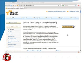 Elastic Compute Cloud (EC2) http://aws.amazon.com/ec2/ Tokyo Cloud Developers http://groups.google.com/group/tokyocloud 