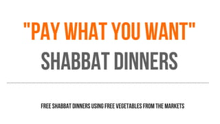 "pay what you want"
shabbat dinners
free shabbat dinners using free vegetables from the markets
 