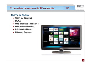 7/ Les offres de services de TV connectée   1/5


Net TV de Philips
    Wi-Fi ou Ethernet
    DLNA
    Une interface « maison »
    Une télécommande
    Info/Météo/Photo
    Réseaux Sociaux




                                                  15
                                                  15
 